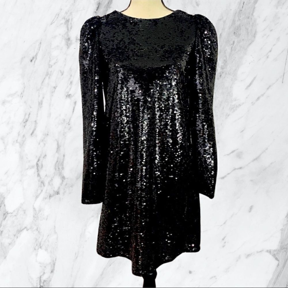 AQUA Black Sequined Mini Party Cocktail Dress
